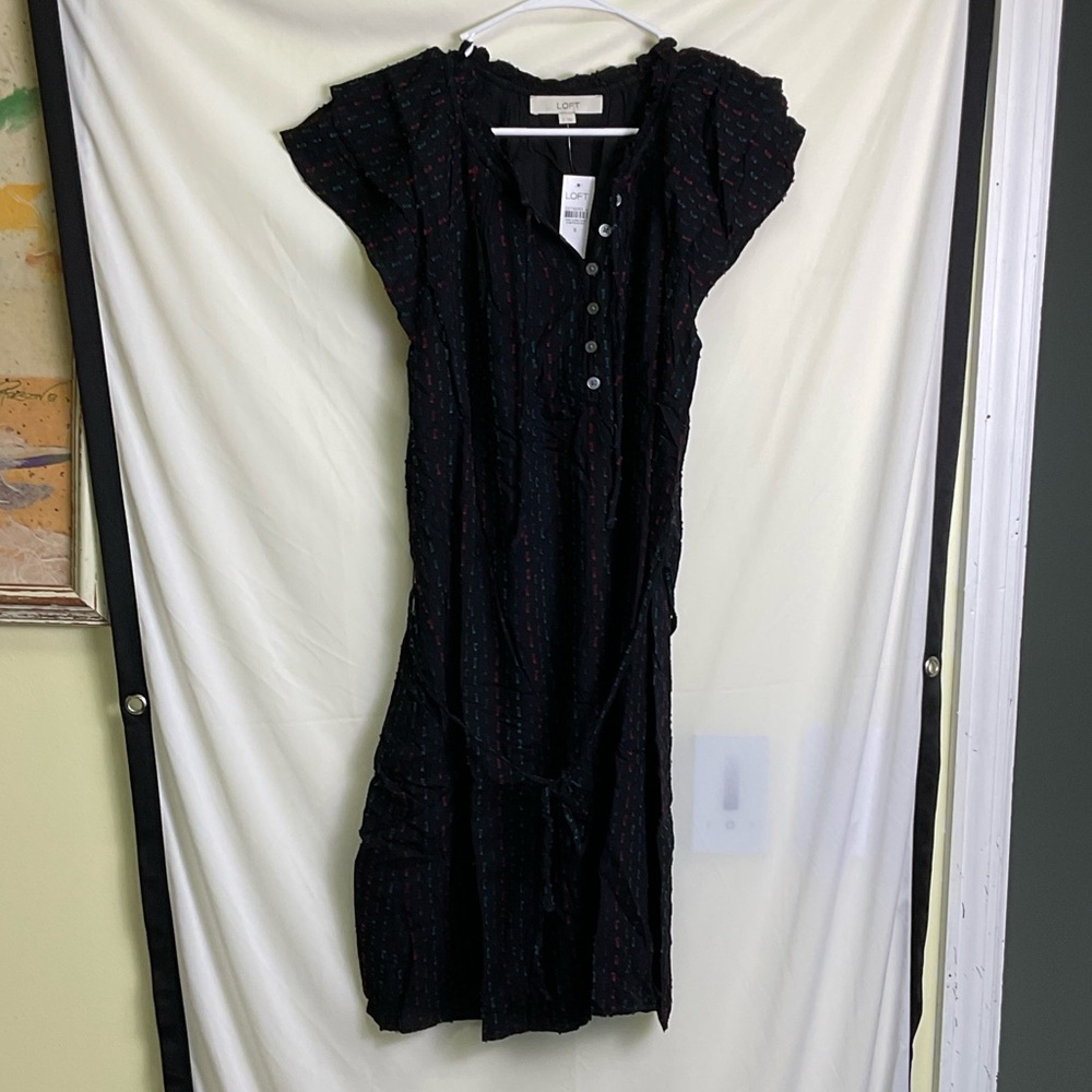 LOFT Black Textured Mini Dress with Ruffled Sleeves